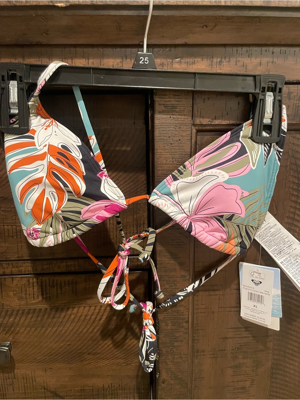 Roxy Floral Multicolor Tie-Back Triangle Bikini Top - Pink, Orange, Teal xl